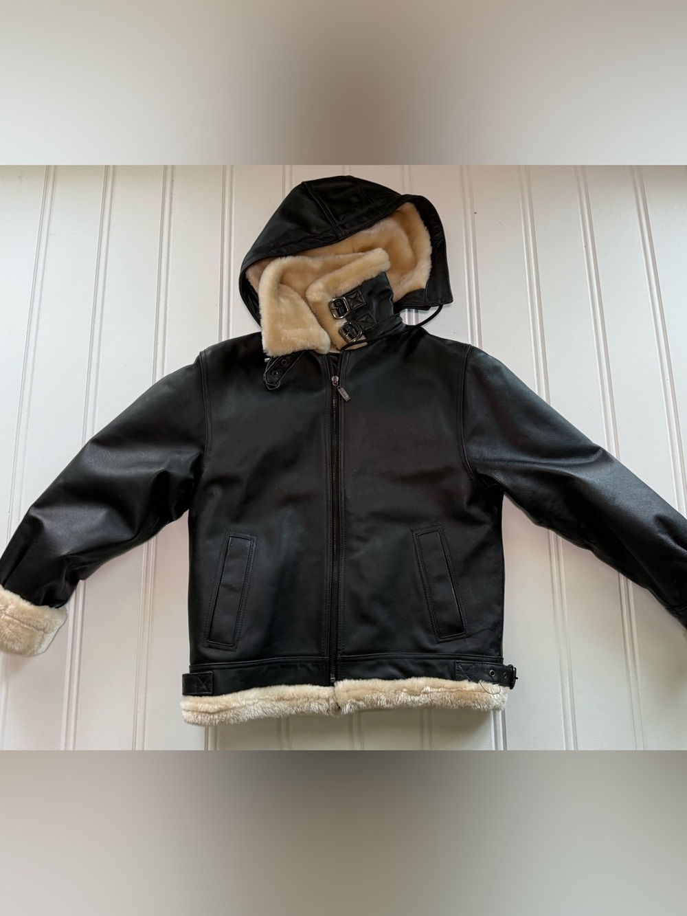 Leather Man Fleece Fur Liner Bomber Jacket Women Large Black Hooded - Picture 4 of 5